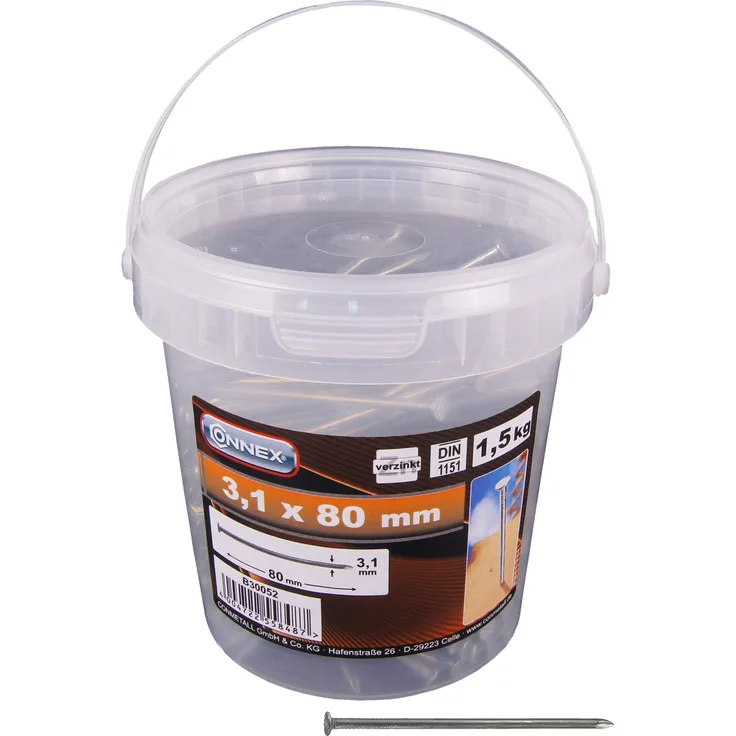 Connex Drahtstifte 3,1 x 80 mm - 1500 g - Senkkopf - Verzinkt - Aufbewahrung in praktischem Eimer - Für den universellen Einsatz - Stahlnägel - Drahtnägel - Nagel-Sortiment - Großpack - B30052