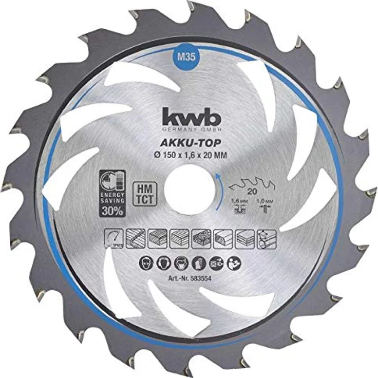 kwb 583554 Energy-Saving Kreissäge-Blatt Easy Cut, Ø 150 x 20 mm Dünn-Schnitt mit Spezial-Wechselzahn 20 Zähnen Z20, AKKU-TOP Dünnschnitt, 150 x 20