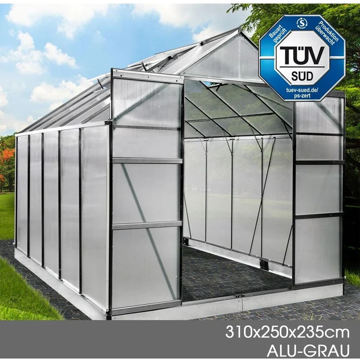 BRAST Gewächshaus Aluminium 310x250x235cm Grau mit Fundament rostfrei TÜV geprüft Alu Treibhaus Glashaus Tomatenhaus – Bild 2