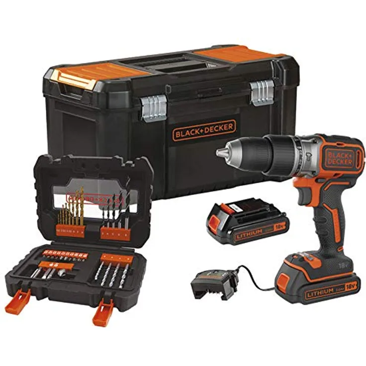 Black+Decker BL188D2KA31-QW Schlagbohrmaschine, kabellos, 18 V-2 Ah-52 Nm-1650 U-min-28 050 CPS-Min-2 Akkus, 31 Zubehör, in Werkzeugkasten