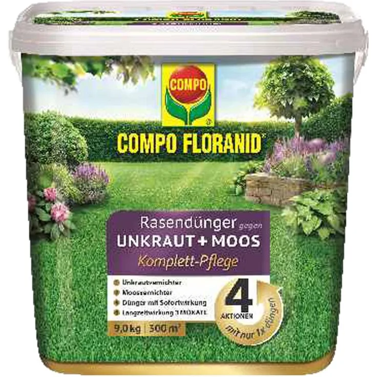 Compo FLORANID Rasendünger gegen Unkraut Moos Komplett-Pflege, 3 Monate Langzeitwirkung, Feingranulat, 9 kg, 300m²