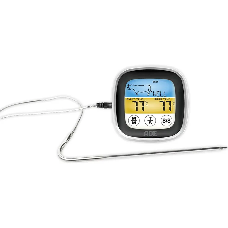 ADE Bratenthermometer BBQ 1600. Digitales Grill-Thermometer mit LCD Touch-Display, Messgabel aus Edelstahl. Elektronisches Ofenthermometer für den perfekten Garpunkt. Inkl. Batterien. Schwarz silber