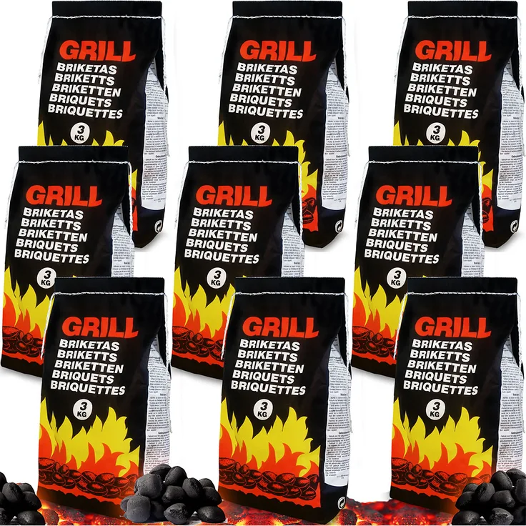 27kg Holzkohlebriketts, hocheffektive Grillbriketts, 9 x 3kg - Sack, Holzart Eiche, sparsames Abbrennverhalten