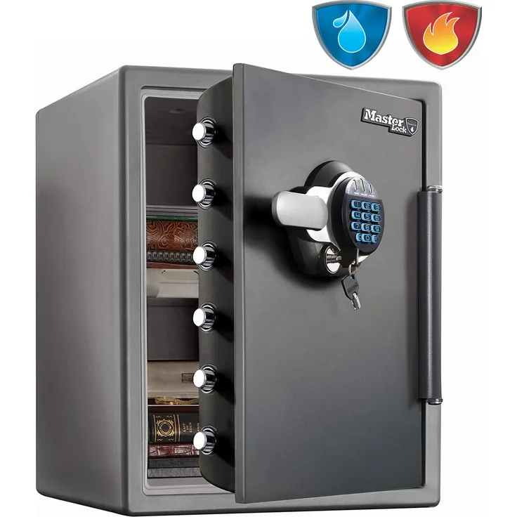 MASTER LOCK Haus-Büro Tresor (Feuer- und Wasserfest) (55,6 L ) (Zahlenkombination und Schlüssel) – LTW205GYC – Für Ausweise, A4-Dokumente, Laptop