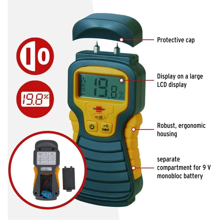 Brennenstuhl Feuchtigkeits-Detector MD (Feuchtigkeitsmessgerät-Holzfeuchtigkeitsmesser Holzfeuchtemessgerät Materialfreuchtemessgerät mit LCD-Display Maßeinheit Prozent – Bild 5