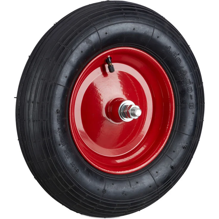 Schubkarrenreifen 4.80 4.00-8, Ersatzrad luftbereift inkl Achse, Luftreifen 120 kg Tragkraft, schwarz-rot