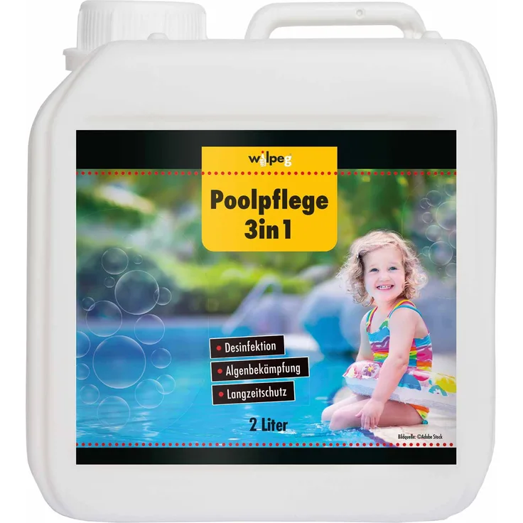 Wilpeg Poolpflege 3in1 2 Liter, Chlor Desinfektion, Algenentferner, Langzeitschutz, für Pools und Planschbecken