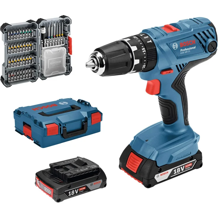 Bosch Professional 18V System Akku Schlagbohrschrauber GSB 18V-21 (2x 2,0 Ah Akku,40tlg. Zubehör Set,in L-BOXX) – Bild 1