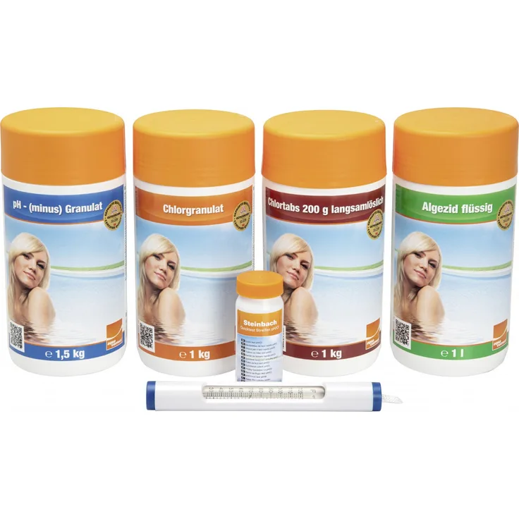 Steinbach Poolpflege Chlor Starterset, Starterset 6-teilig, Algezid, Chlorgranulat, Chlortabs, pH-Granulat, Thermometer, Teststreifen, 0759001TS