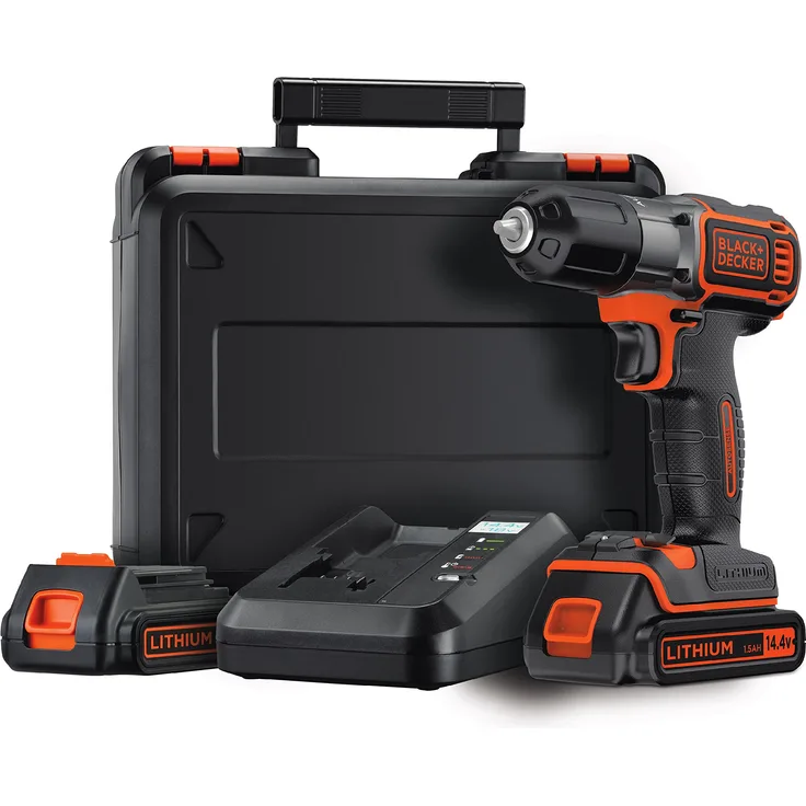 Black+Decker Akku-Schlagbohrmaschine, Autosense Bohrschrauber (14.4V, 1.5A, Schraub- und Bohrmodus, 10 mm Schnellspannbohrfutter, Kompaktdesign, inklusive Akkus, Schnelladegerät und Koffer) ASD14KB