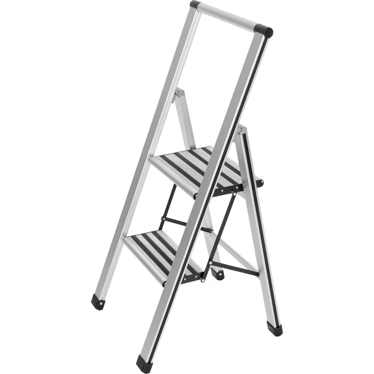 WENKO Leichte Aluminium Trittleiter mit 2 Stufen für 50 cm höheren Stand, rutschsichere XXL-Stufen, Design Klapptrittleiter mit 44 x 101 x 5,5 cm, Süd zertifiziert, matt silber – Bild 1