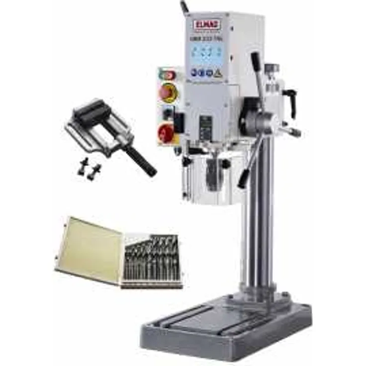 ELMAG Getriebe-Tischbohrmaschine GBM 3-25 TN - Set bestehend aus: HSS-Bohrerkassette 14,5-30mm, Maschinenschraubstock 5'' - 125 mm, Spannschrauben 14mm