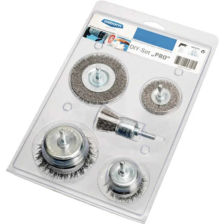 Osborn 1418600005 Metallbearbeitung Drahtbürstenset für Bohrmaschine, Set 5-teilig, Rundbürste, Pinselbürste D25, Topfbürste D50-D75 gewellter Stahldraht 0,30 mm Schaft D6 mm