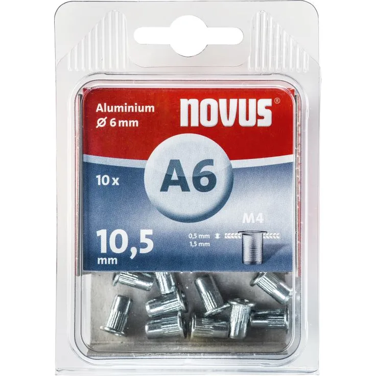 Novus Blindnietmutter Ø6 mm Aluminium, 10 Nietmuttern, M4 Gewinde, 10.5 mm Länge, für Kunststoff und Leichtbaumaterial