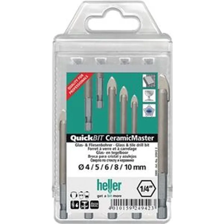 Heller Tools QuickBit CeramicMaster Profi Fliesenbohrer Glasbohrer Set 5-teilig, 4-5-6-8-10, Rundschaft