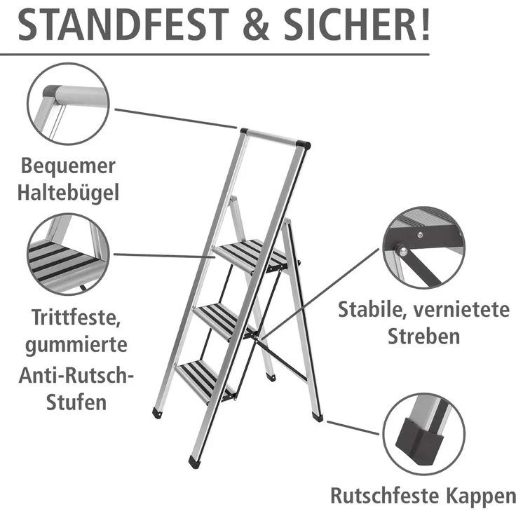 WENKO Leichte Aluminium Trittleiter mit 3 Stufen für 75 cm höheren Stand, rutschsichere XXL-Stufen, Design Klapptrittleiter mit 44 x 127 x 5,5 cm, Süd zertifiziert, matt silber – Bild 4