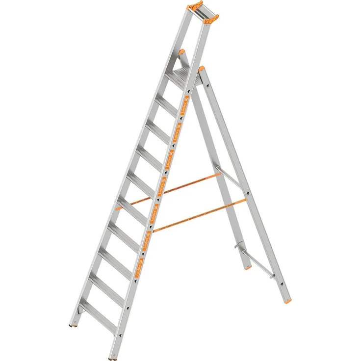 Layher 1064010 Stufenstehleiter einseitig begehbar TOPIC mit 10 breiten Stufen Aluminiumleiter klappbar mit Podest, Länge 3.20 m