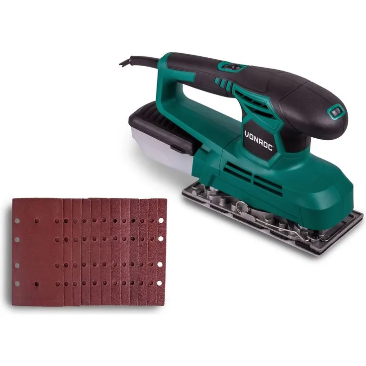 Vonroc Schwingschleifer 240W - 90x187mm - Mit Staubsammelbehälter und 12 Stück Schleifpapier