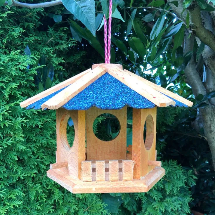 Vogel Futter Haus Futterstelle Sechseck aus Holz Vogelhaus zum Hängen Braun/Blau