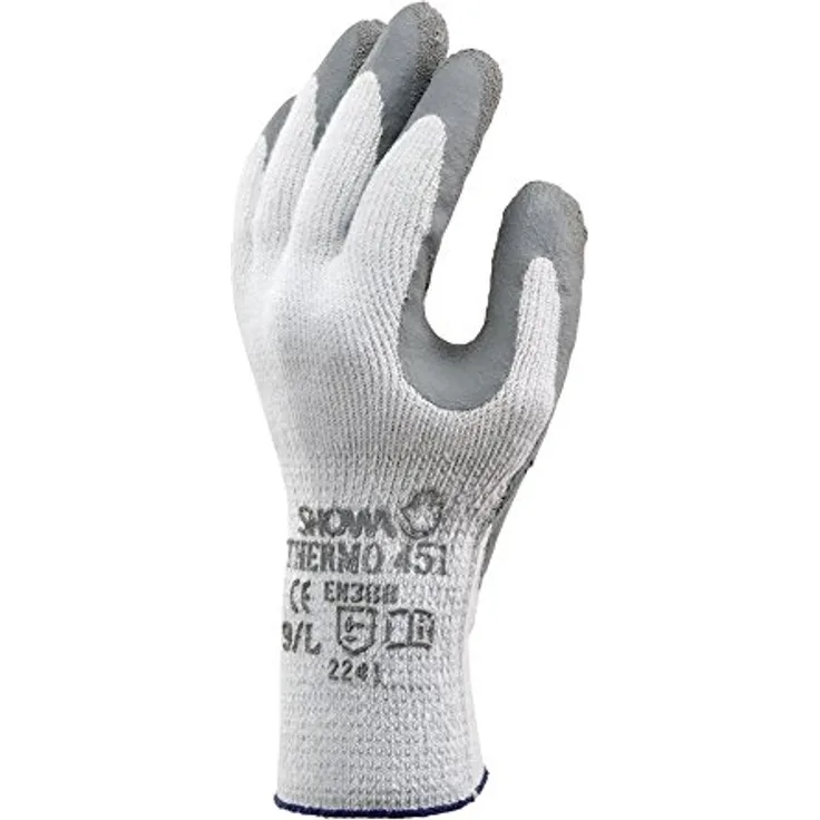 SHOWA 451M Acryl Baumwoll Polyester Trägergewebe Kälteschutzhandschuh mit Latexbeschichung auf den Handinnenflächen, M, Hellgrau