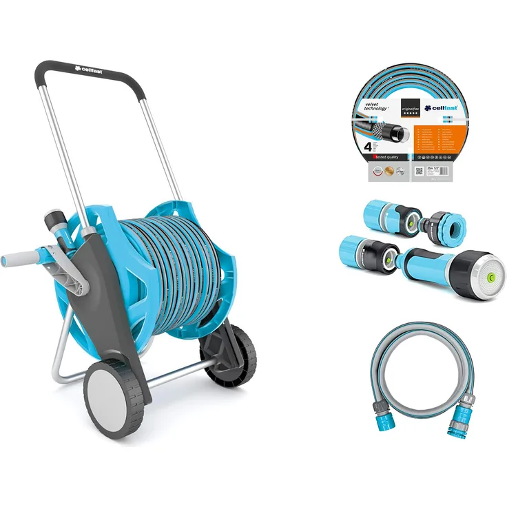 Cellfast Satz DISCOVER Schlauchwagen, Gartenschlauch 30m, 1-2, Anschlussgarnitur und einfache Multifunktionsbrause mit zwei Schnellverbindungsstücke, 55-630