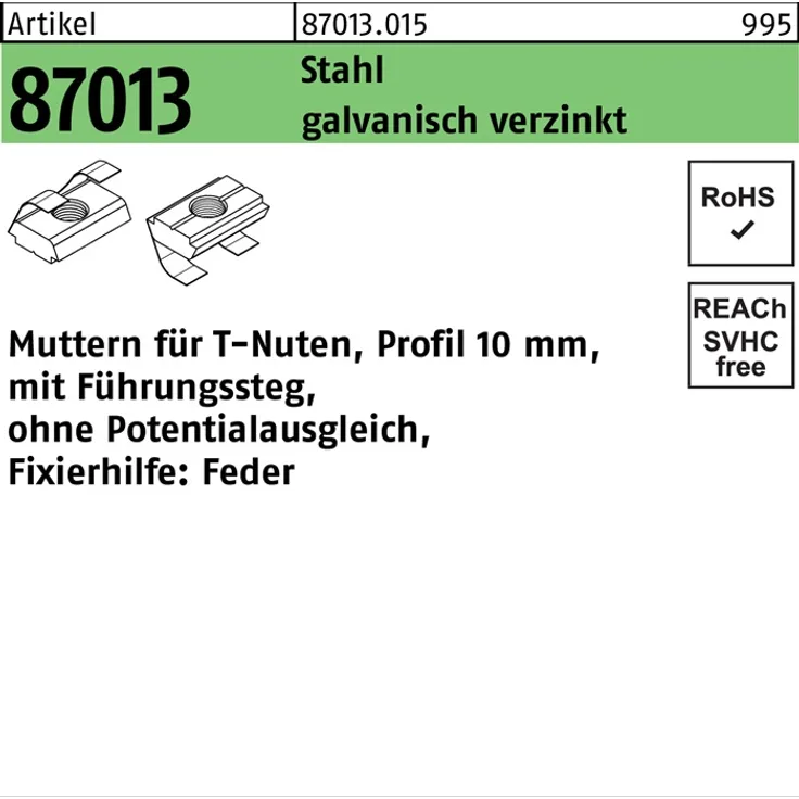 DIVERSE T-Nutenmutter R 87013 m.Führungssteg-o.Potentialausgl. 10mm M 6 Stahl galvanisch verzinkt