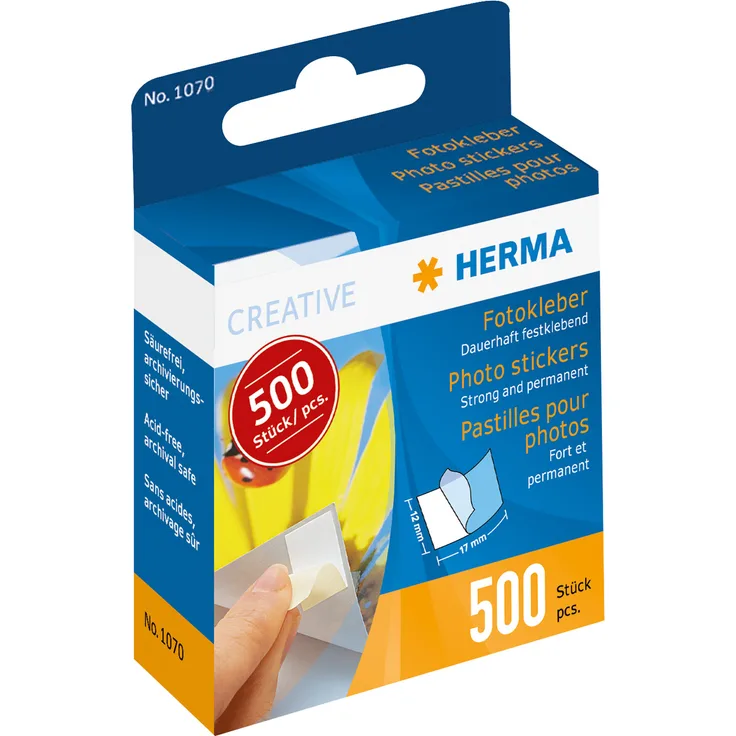 HERMA 1070 Fotokleber im Spender (12 x 17 mm) selbstklebend, doppelseitig, permanent haftende Foto-Aufkleber, 500 Stück, weiß