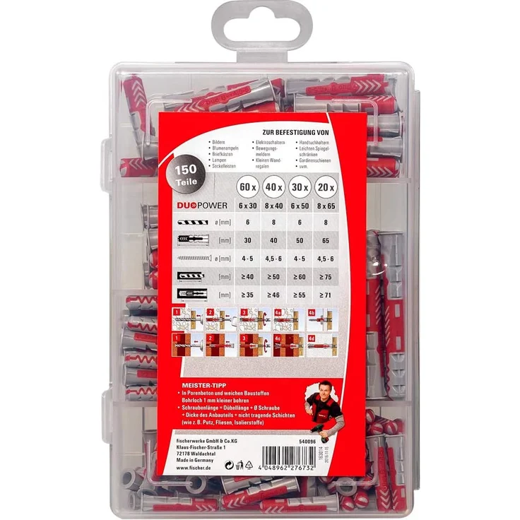 fischer Meister-Box DUOPOWER kurz-lang, Dübelbox mit 150 Teilen (60 Stück 6 x 30, 40 Stück 8 x 40, 30 Stück 6 x 50, 20 Stück 8 x 65), Universaldübel, Praktische Dübelkiste für Heimwerker und Profis - Preisvergleich – Bild 4