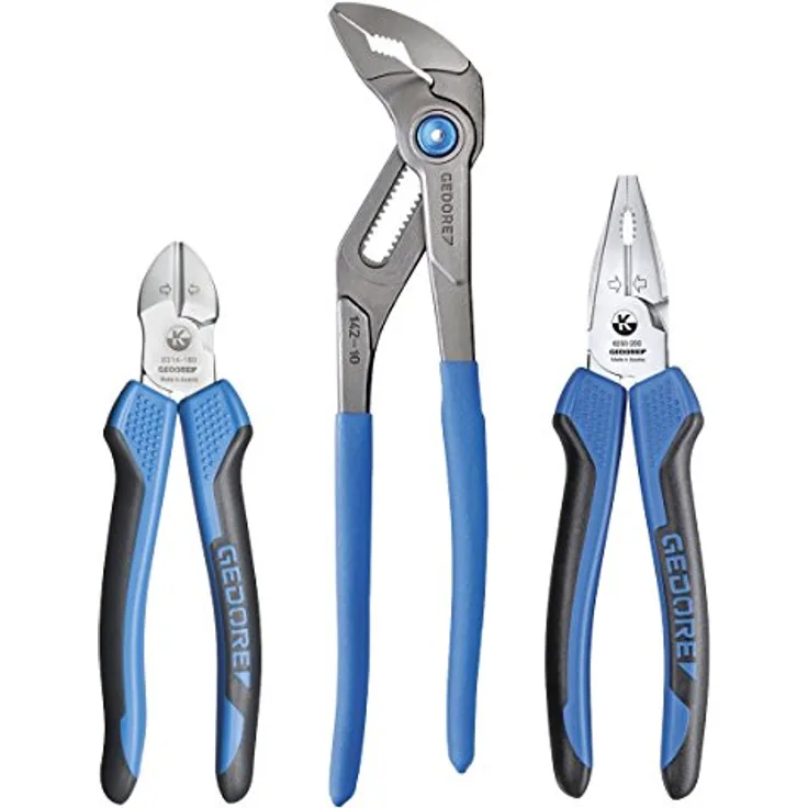 GEDORE Zangen-Satz, 3-teilig mit Universalzange, Seitenschneider und Kombizange mit 2K-Griffen, Stahl-Kunststoff, Schwarz-Blau