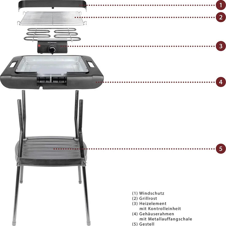 Bomann BQS 2244 CB, Barbecue-Standgrill, Verchromter Grillrost, Metallauffangschale, Windschutz, Grillfläche: 35,5 x 24,5 cm, 2000 Watt – Bild 2