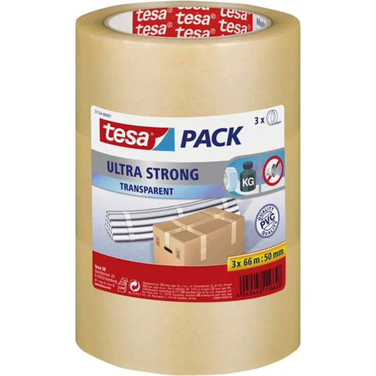 tesapack Ultra Strong im 3er Pack - PVC-Klebebänder für festes Verpacken und sicheres Bündeln - Transparent - 3 Rollen je 66 m - Preisvergleich