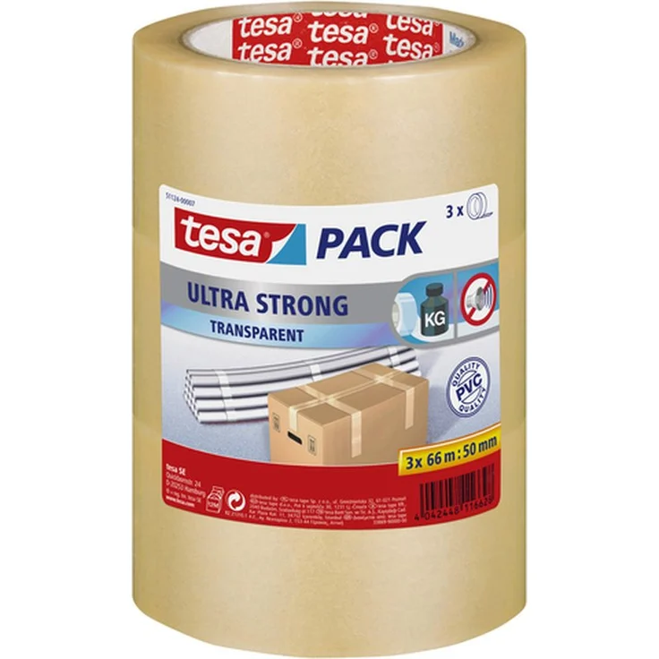 tesapack Ultra Strong im 3er Pack - PVC-Klebebänder für festes Verpacken und sicheres Bündeln - Transparent - 3 Rollen je 66 m - Preisvergleich – Bild 1