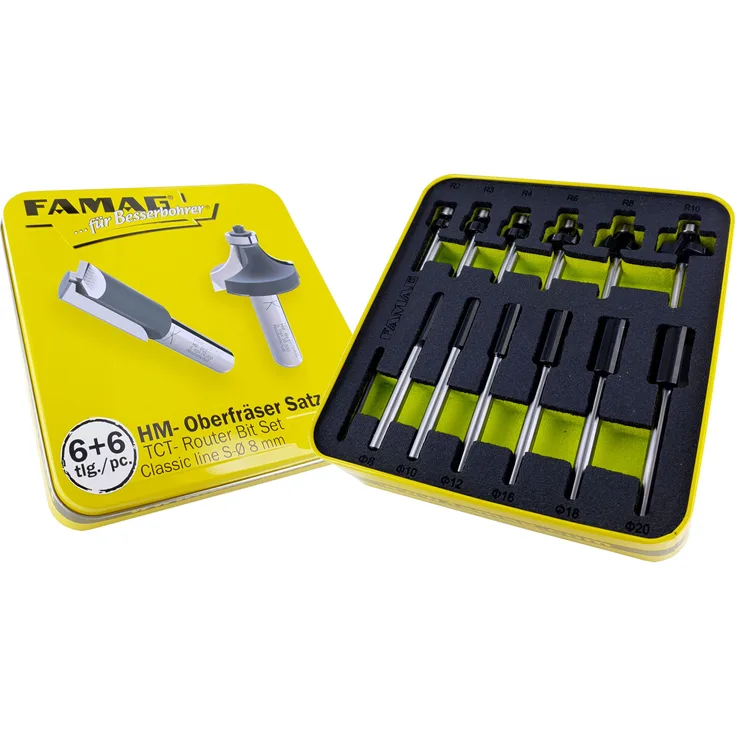 FAMAG Hartmetall Fräser-Satz Classic Line, Nut- & Abrundfräser, 6+6-teilig, Schaft-Ø 8mm, in Metallbox - 3381.866