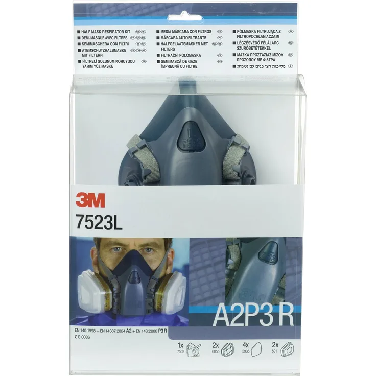 3M Gase-& Dämpfe-Maskenset mit 1 Stück 7503 Halbmaske Größe L , 2 Stück 6055 A2 Gasfilter, 4 Stück 5935 P3R Partikelfilter, 2 Stück 501 Deckel, 7523L, EN-Sicherheit zertifiziert