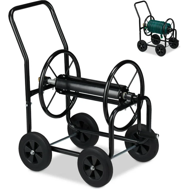 Relaxdays Schlauchwagen Metall, 4 Gummiräder, XL Schlauchtrommel, Kurbel, für 60m Schlauch, HBT 81 x 48 x 80 cm, schwarz