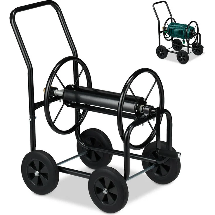 Relaxdays Schlauchwagen Metall, 4 Gummiräder, XL Schlauchtrommel, Kurbel, für 60m Schlauch, HBT 81 x 48 x 80 cm, schwarz – Bild 1