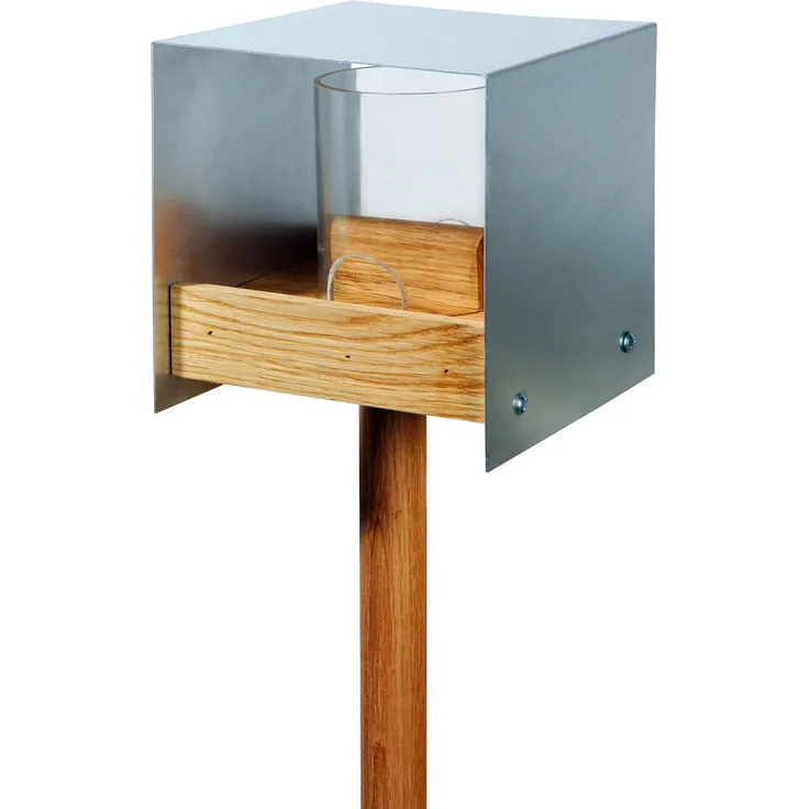 Hochwertiges Design-Vogelhaus ''Industrie-Bauhaus'' mit Futtersilo, Wildvogel-Futterstation inkl. Ständer, 15 x 16 x 16 cm, Eiche