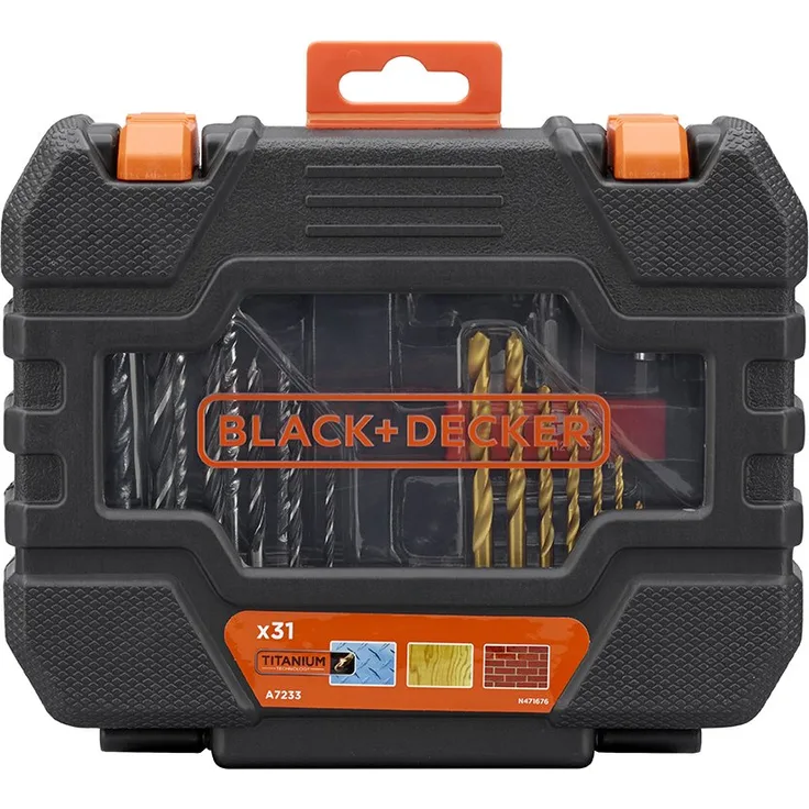 Black+Decker 31-teilig Bit- und Bohrer-Set (bestehend aus 5 Holzspiralbohrer, 8 HSS-TiN Metallbohrer, 4 Steinbohrer, 10 Schrauberbits 25 mm, 2 Schrauberklingen 50 mm, Magnethalter, Senker) A7233