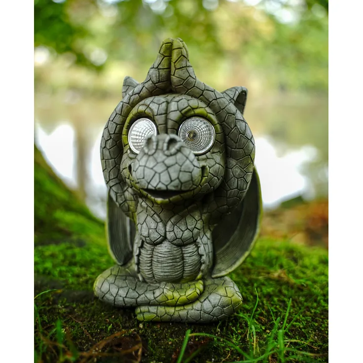 Yoga Gartendrache mit LED Solaraugen 19 cm Drache Figur Gartenfigur Glück Gargoyle Skulptur Solar