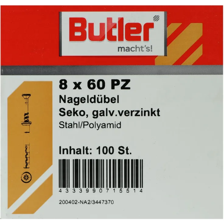 Butler macht',s! Nageldübel, Stahl - Polyamid, Senkkopf, galvanisch verzinkt 8 x 60 mm, 100 Stück