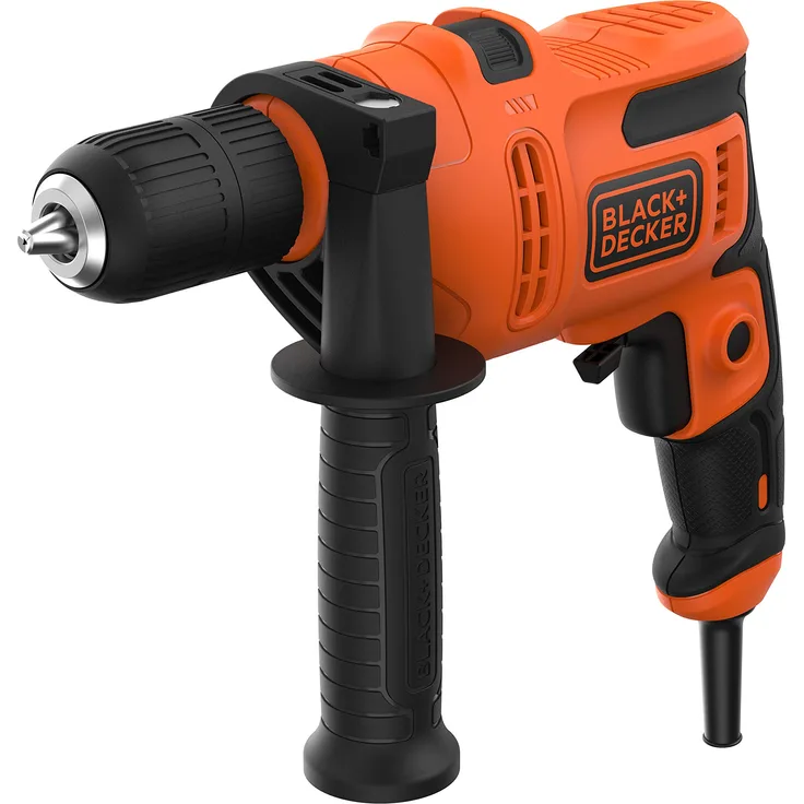 Black+Decker 1-Gang Schlagbohrmaschine (500W, mit 2-tlg. Schnellspannbohrfutter, Rechts--Linkslauf, Schalterarretierung für Dauerbetrieb, Inkl. Zusatzhandgriff, Koffer, 2 M Kabellänge) BEH200K