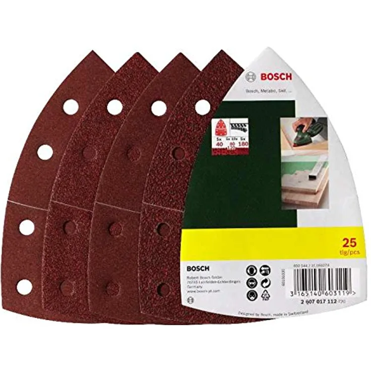 Bosch 25tlg. Schleifblatt Set (verschiedene Materialien, Körnung 40-80-120-180, 11 Löcher, Zubehör Multischleifer)