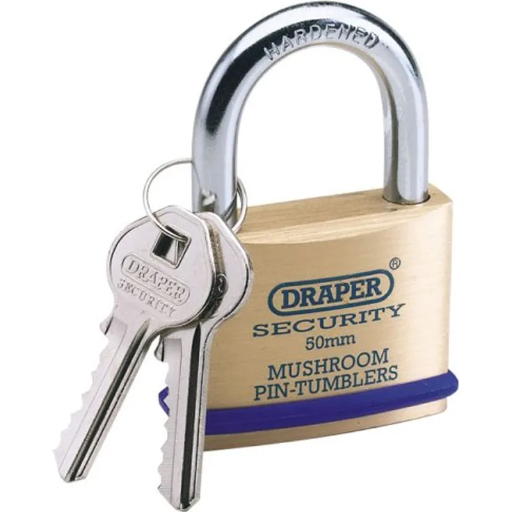 Draper 64162 50Mm Solid Brass Padlock & 2 Keys With Mushroom Pin Tumblers Hardened Steel Shackle & Bumper