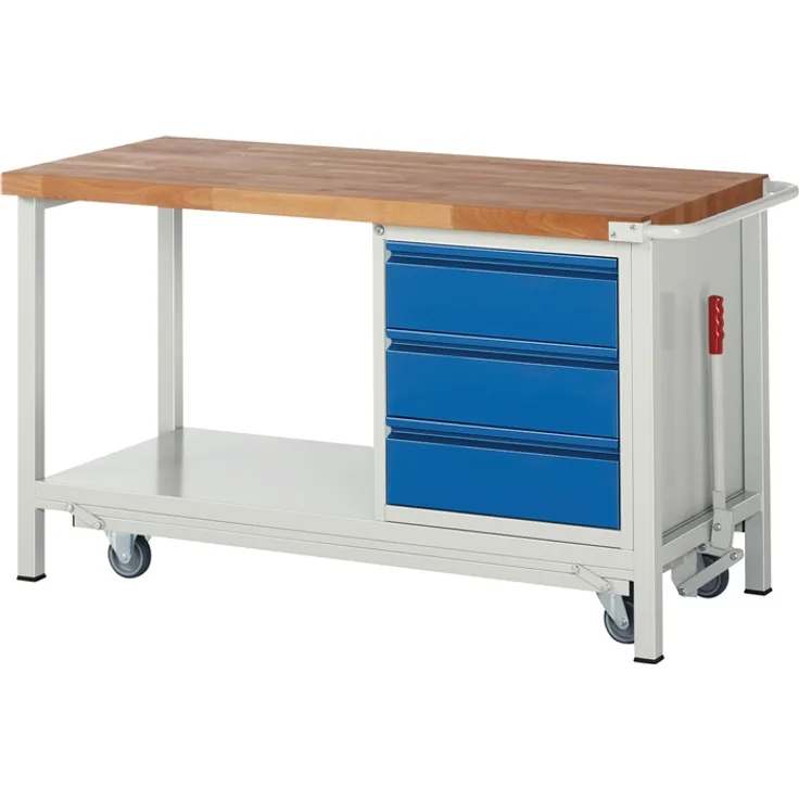 RAU Werkbank Basic B1500xT700xH880mm Buche massiv grau blau 3 Schubl.Türen 1x540mm