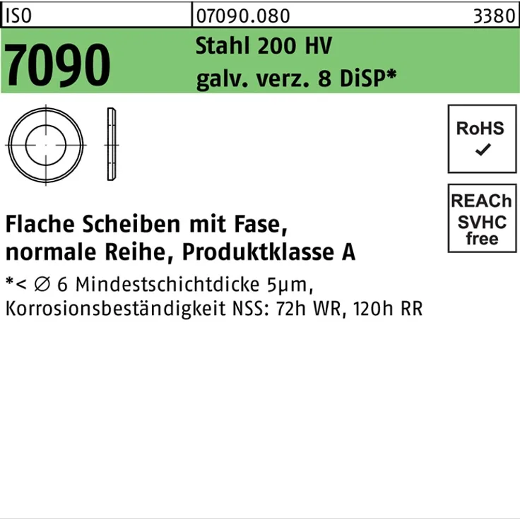 DIVERSE Unterlegscheibe ISO 7090 m.Fase 36 Stahl 200 HV galvanisch verzinkt 8 DiSP