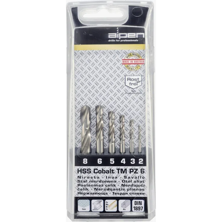 Bohrer - HSS Cobalt Spiralbohrer Set TM PZ 6, 6-teilig selbstzentrierend durch Spezialanschliff, kobaltlegiert mit verstärktem Kerndurchmesser, für zähe, harte Werkstoffe Ø 2 - 3 - 4 - 5 - 6 - 8 mm