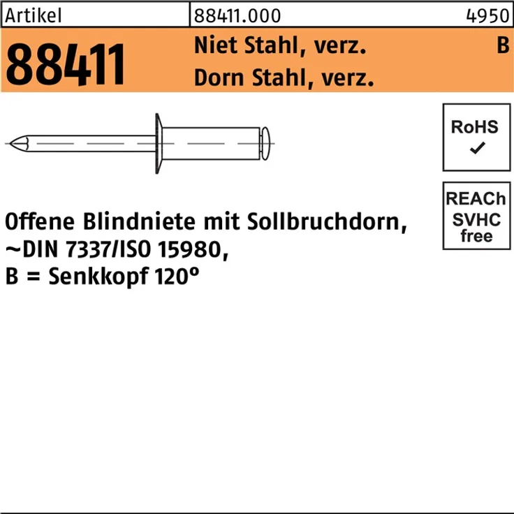 DIVERSE Blindniete R 88411 Senkkopf 4 x 10 Niet Stahl verzinkt-Dorn Stahl verzinkt
