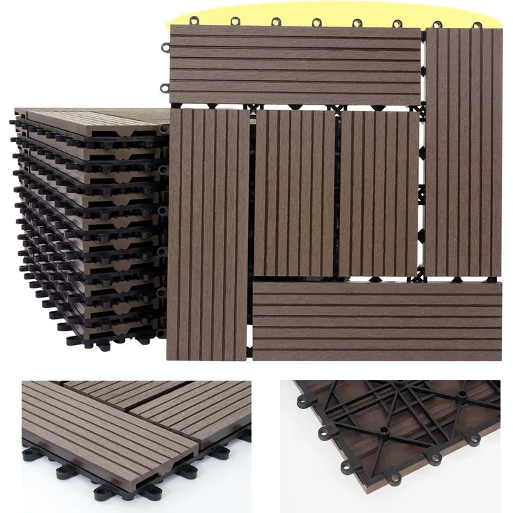 WPC Bodenfliese Rhone, Holzoptik Balkon-Terrasse, 11x je 30x30cm 1qm Basis, coffee versetzt