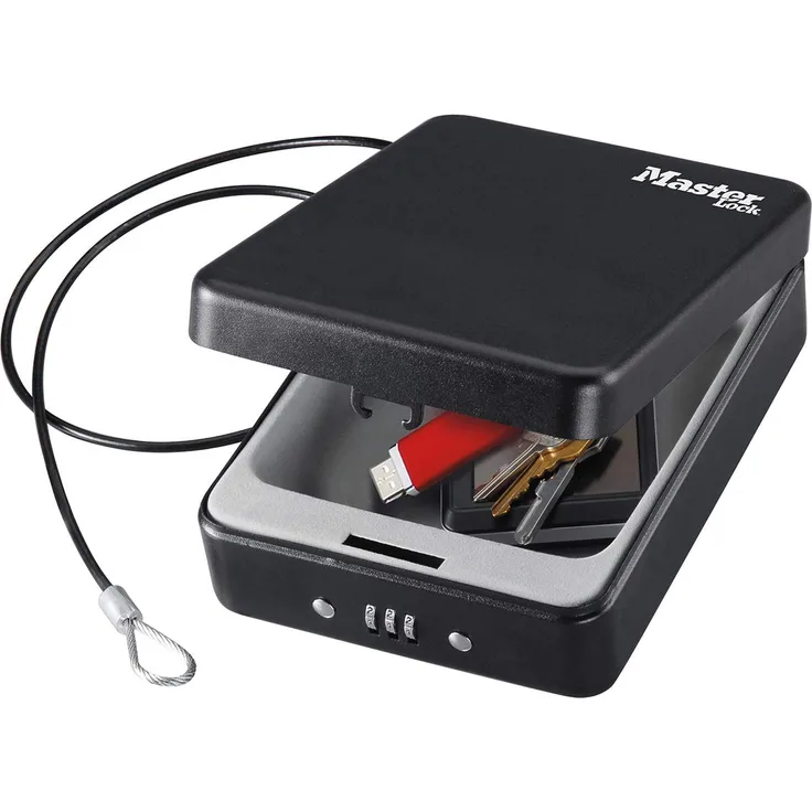 MASTER LOCK Kompakttresor (Kombination) (mit Kabel) P005CEURBLKHRO Ideal für Scheckbücher, Schmuck, Ausweise, Smartphone und mehr