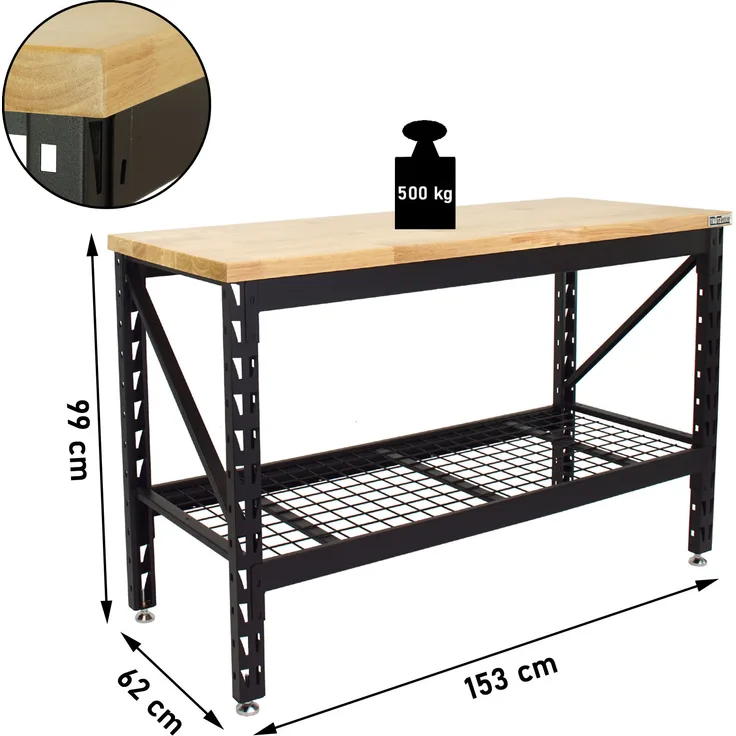 TrutzHolm Werktisch Arbeitstisch Gummibaum Arbeitsfläche Stahlgestell 500kg Werkbank 153x62x99 cm